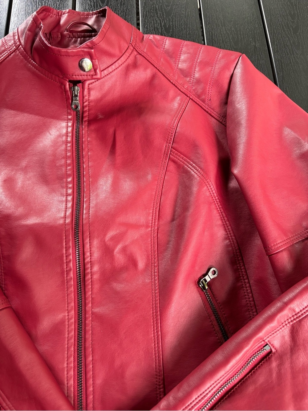 Red Pu Leather Bomber Jacket R1 - Picture 4 of 9